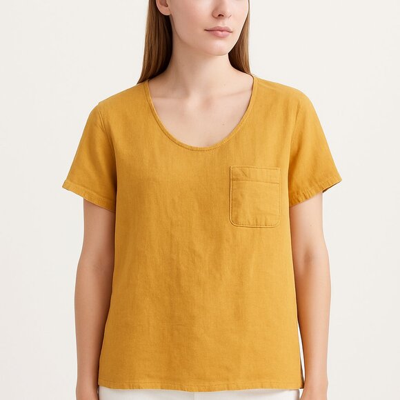 Golden Yellow Sunshine Dopamine 100% Linen Tee Cropped Shirt Vacation Natural - Picture 1 of 10